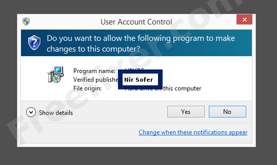 Screenshot where Nir Sofer appears as the verified publisher in the UAC dialog